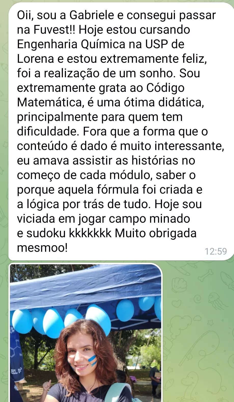 Mensagem de aluno enviada pelo Telegram elogiando o curso