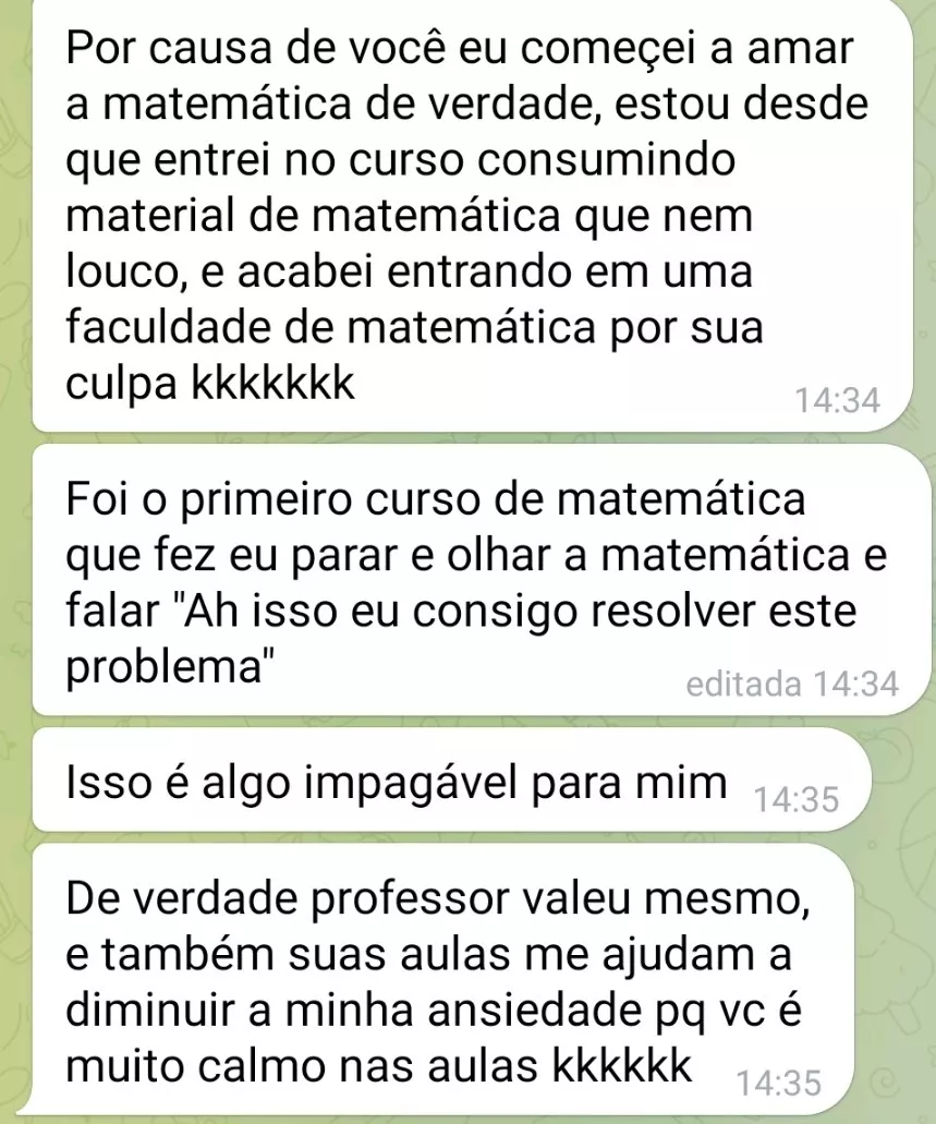 Depoimento de aluno no Telegram sobre a didática das aulas