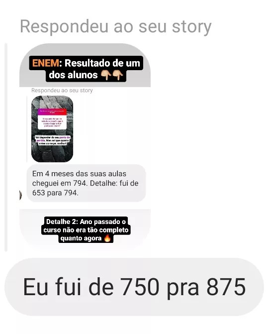 Mensagem de aluno enviada pelo Instagram relatando resultado